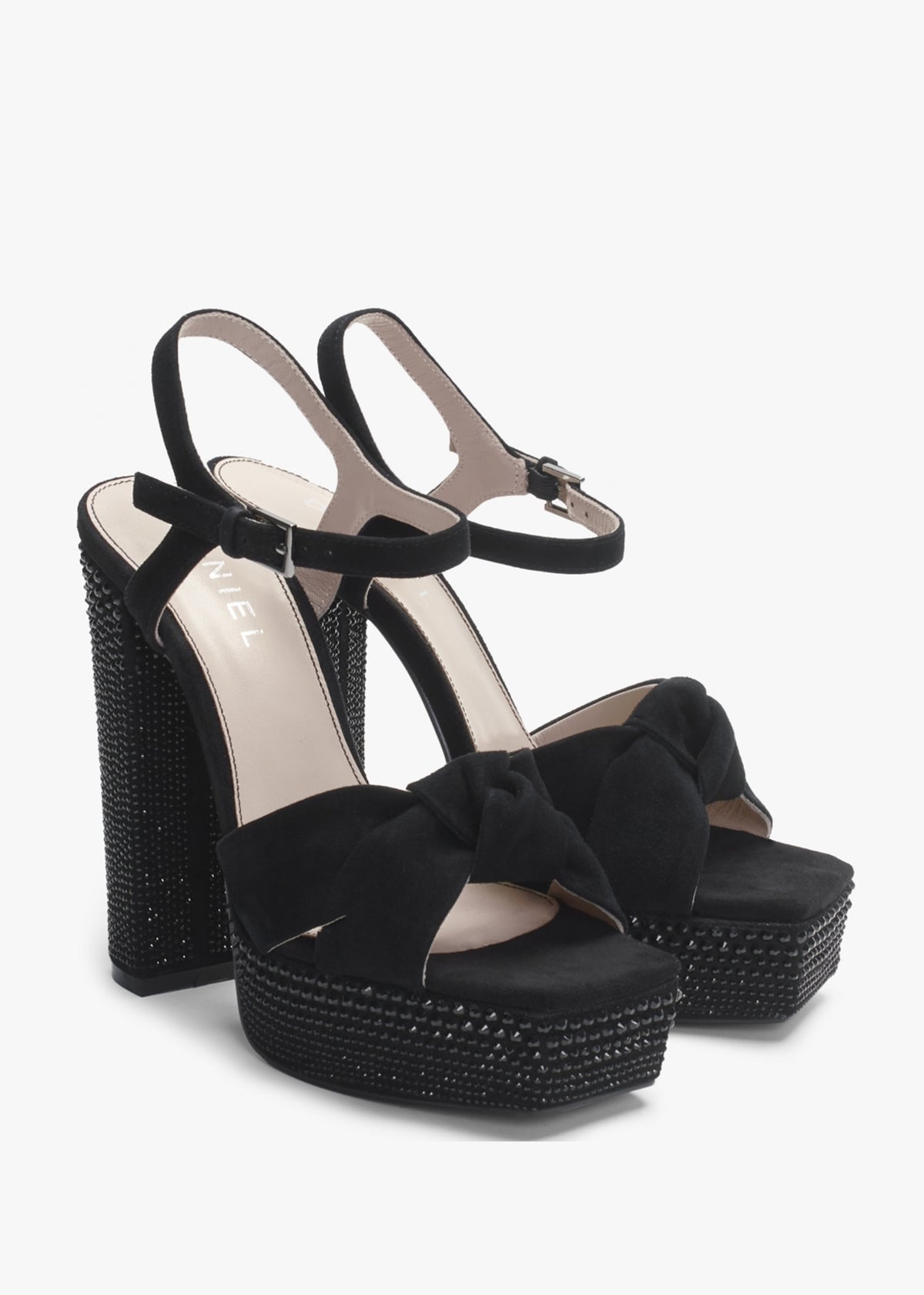 Shelby Black Suede Embellished Platform Heeled Sandals