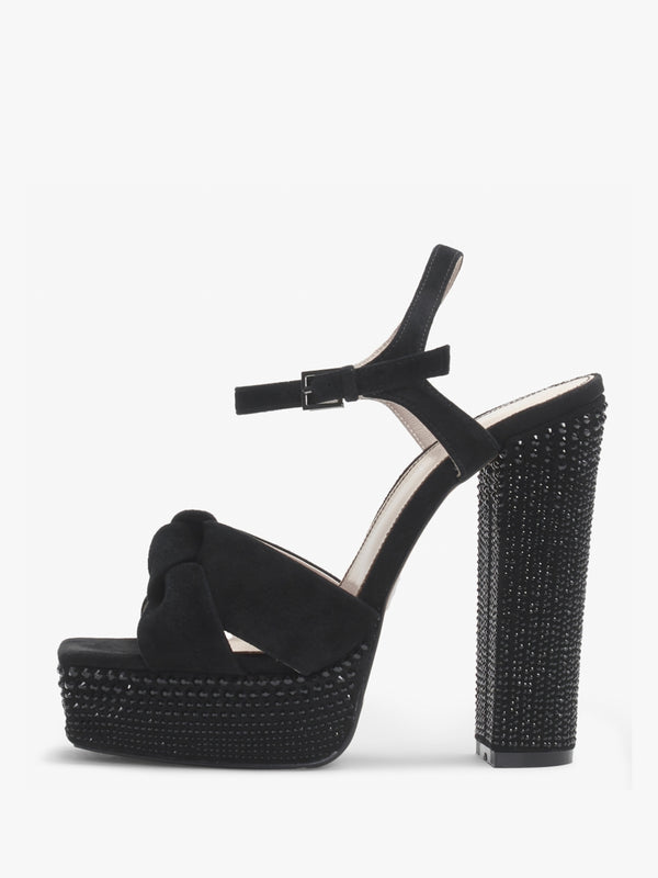Shelby Black Suede Embellished Platform Heeled Sandals
