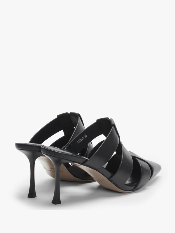 Sylvie Black Leather Pointed Toe Heeled Mules