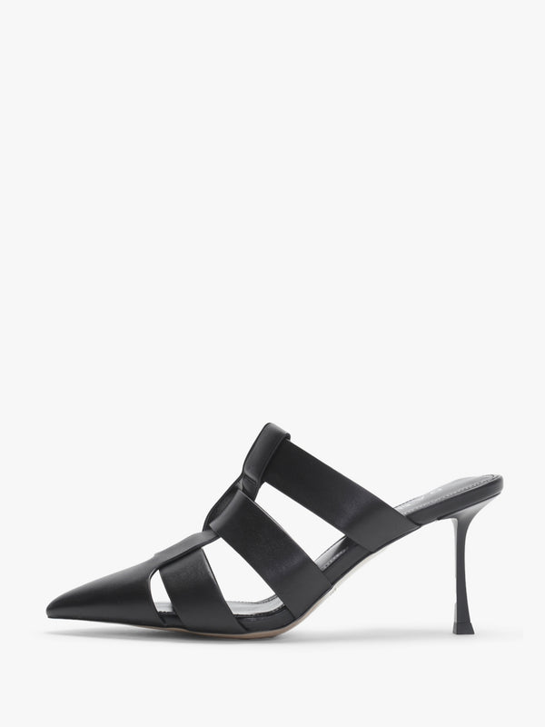 Sylvie Black Leather Pointed Toe Heeled Mules