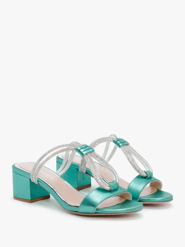 Pia Blue Leather Diamante Twist Heeled Mules