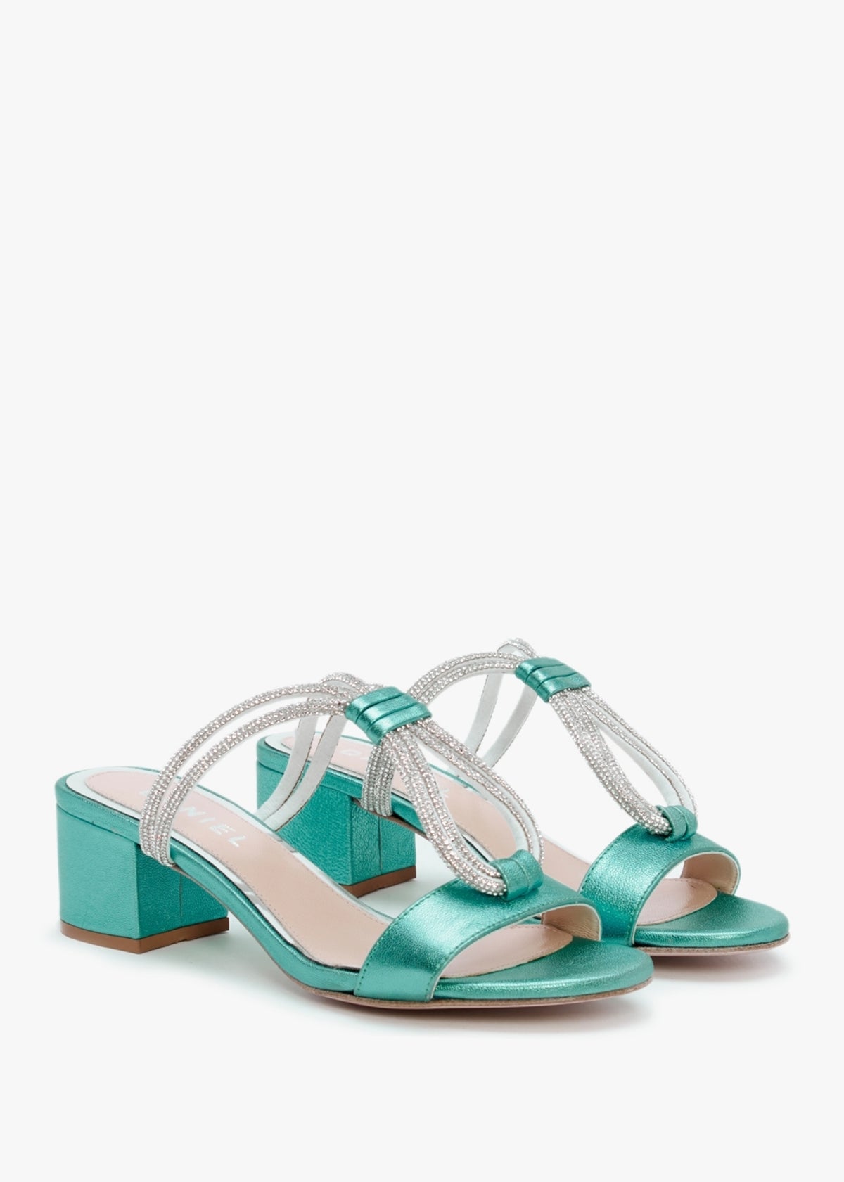 Pia Blue Leather Diamante Twist Heeled Mules