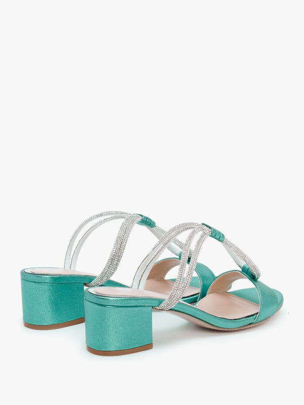 Pia Blue Leather Diamante Twist Heeled Mules