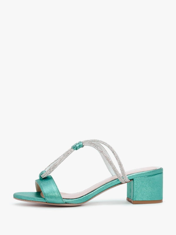 Pia Blue Leather Diamante Twist Heeled Mules