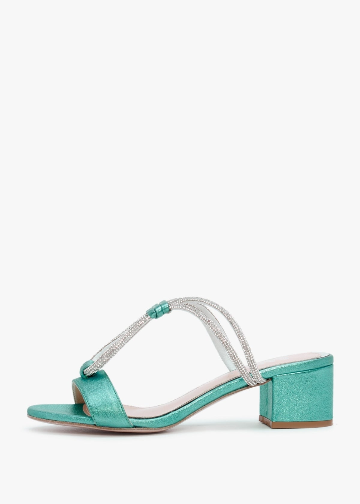Pia Blue Leather Diamante Twist Heeled Mules