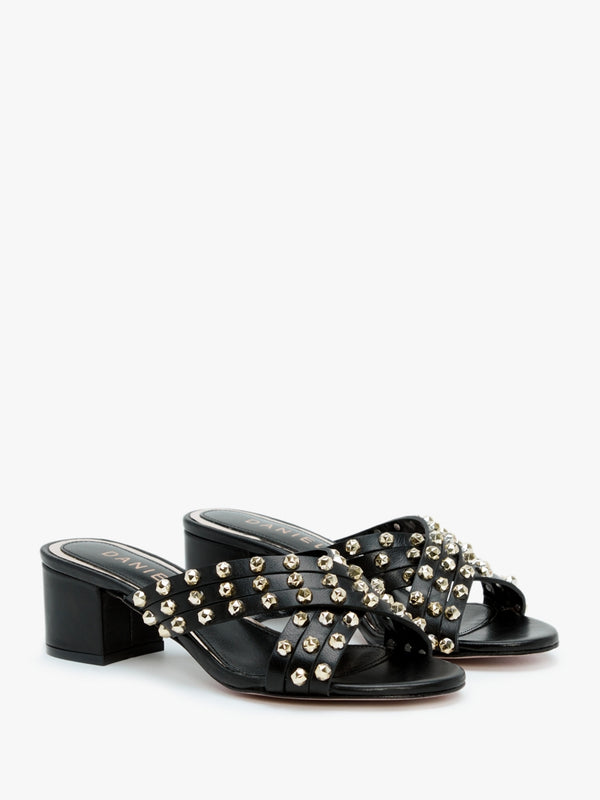 Popblock Black Leather Studded Mid Heel Mules