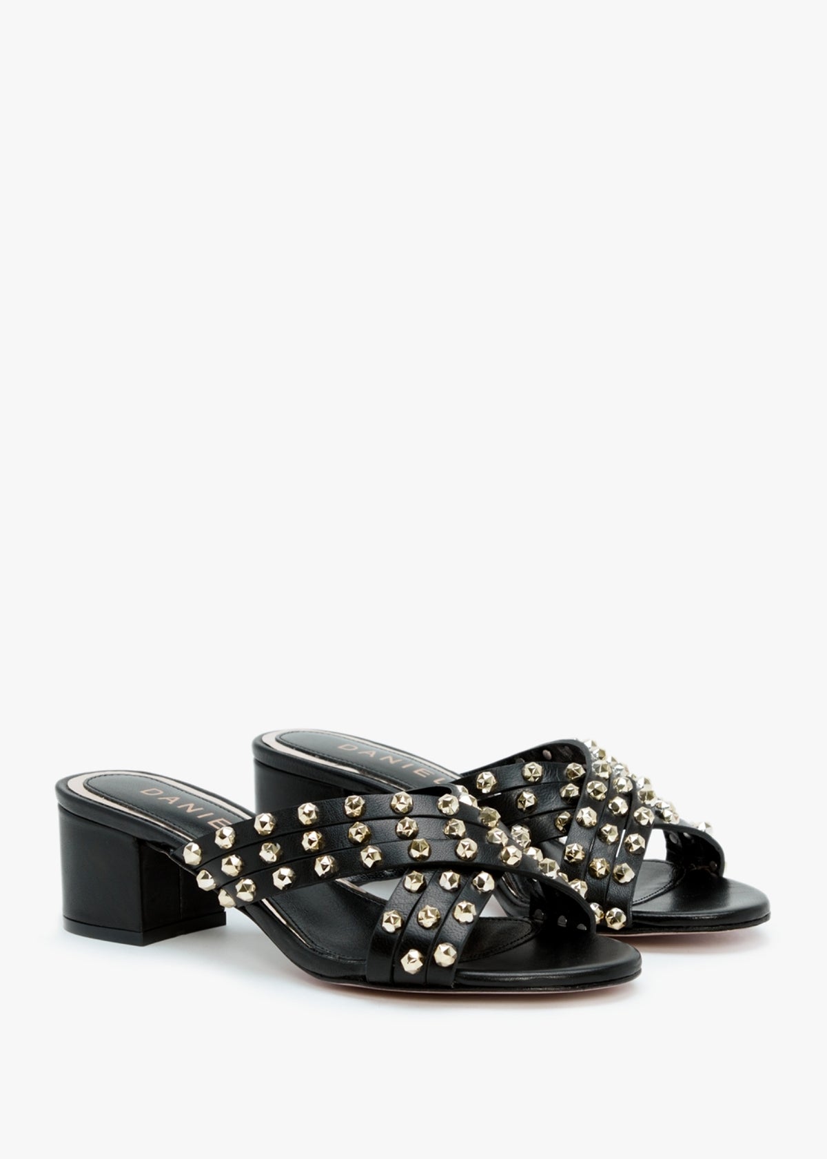 Popblock Black Leather Studded Mid Heel Mules