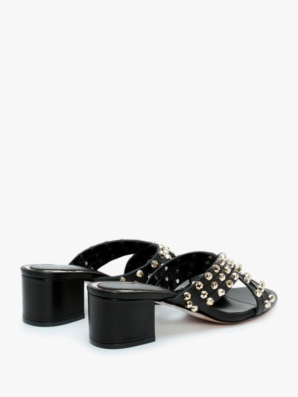 Popblock Black Leather Studded Mid Heel Mules