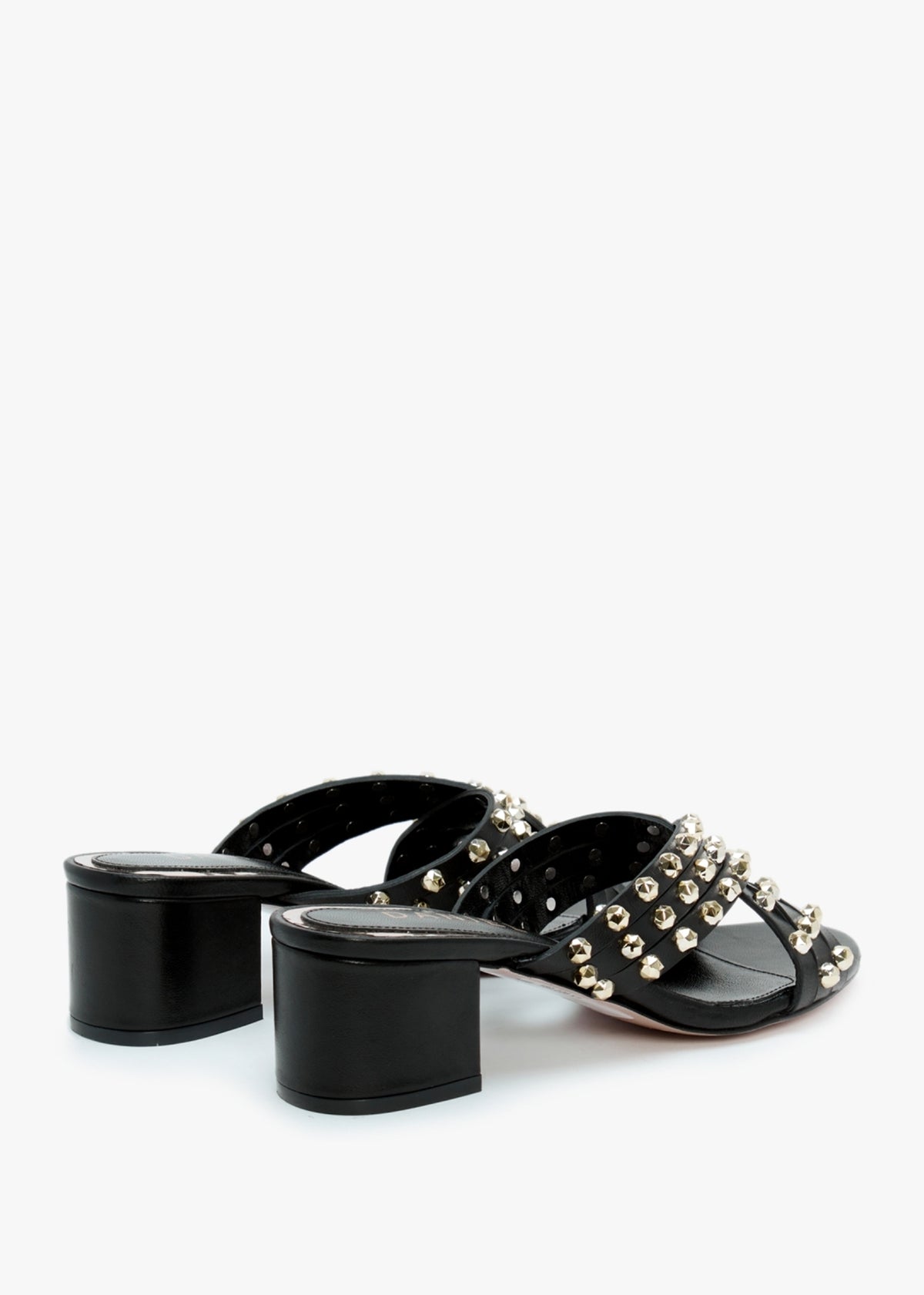 Popblock Black Leather Studded Mid Heel Mules