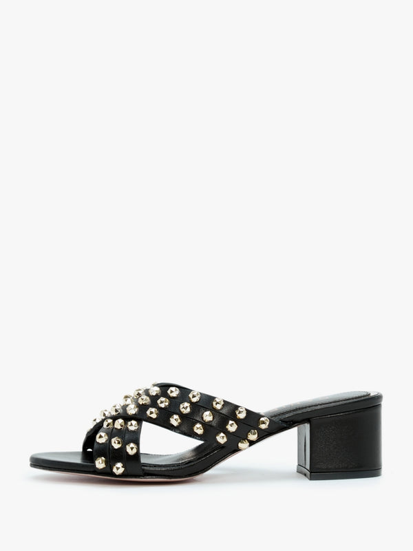 Popblock Black Leather Studded Mid Heel Mules