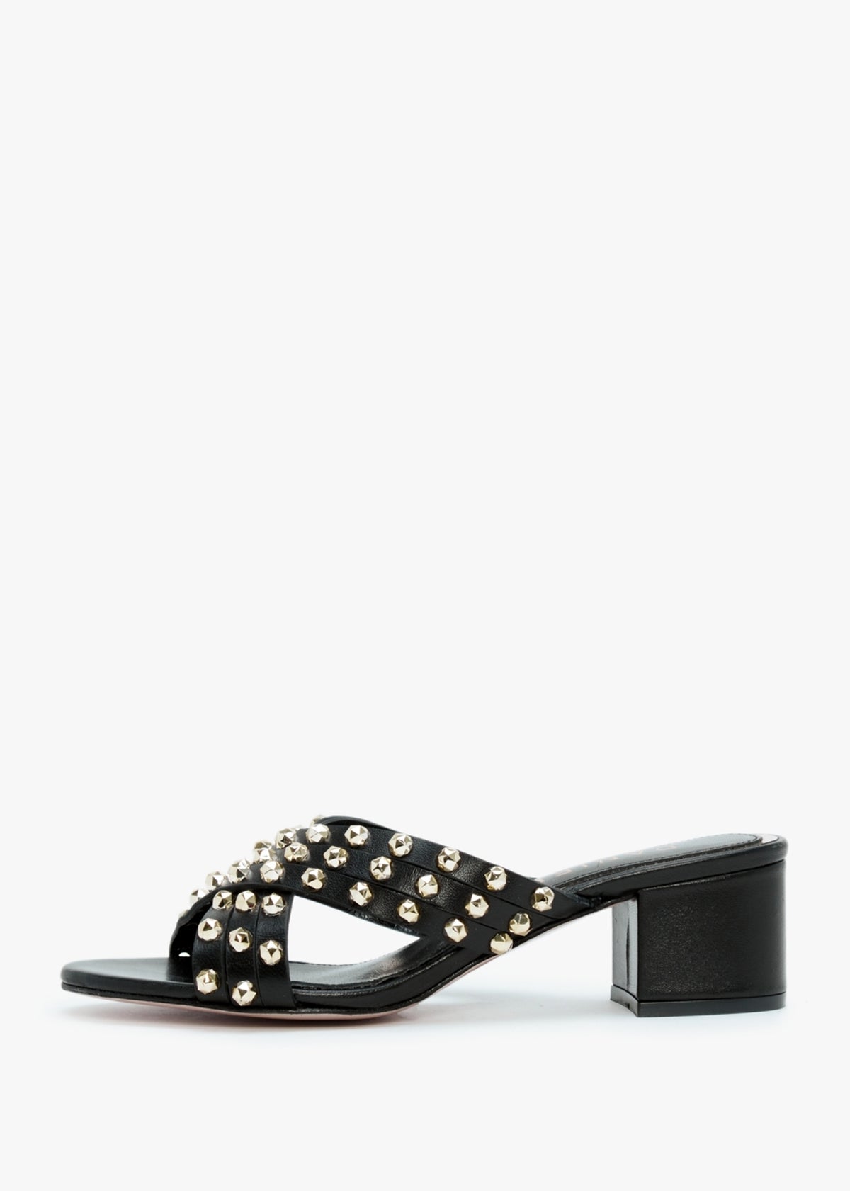 Popblock Black Leather Studded Mid Heel Mules