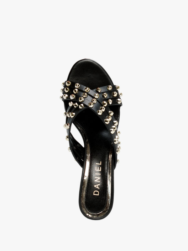 Popblock Black Leather Studded Mid Heel Mules