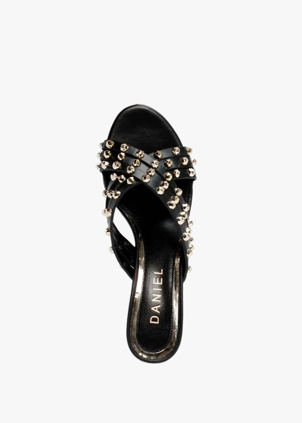 Popblock Black Leather Studded Mid Heel Mules