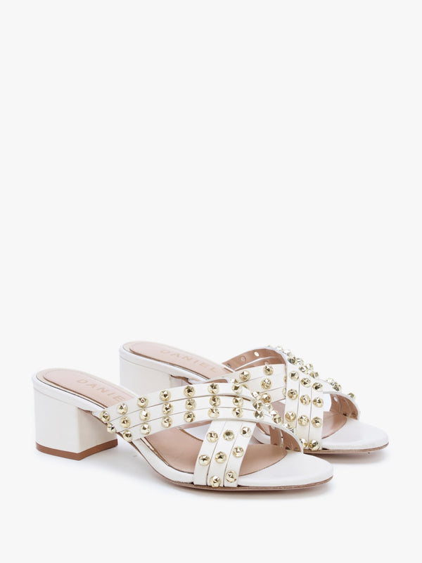 Popblock Beige Leather Studded Mid Heel Mules