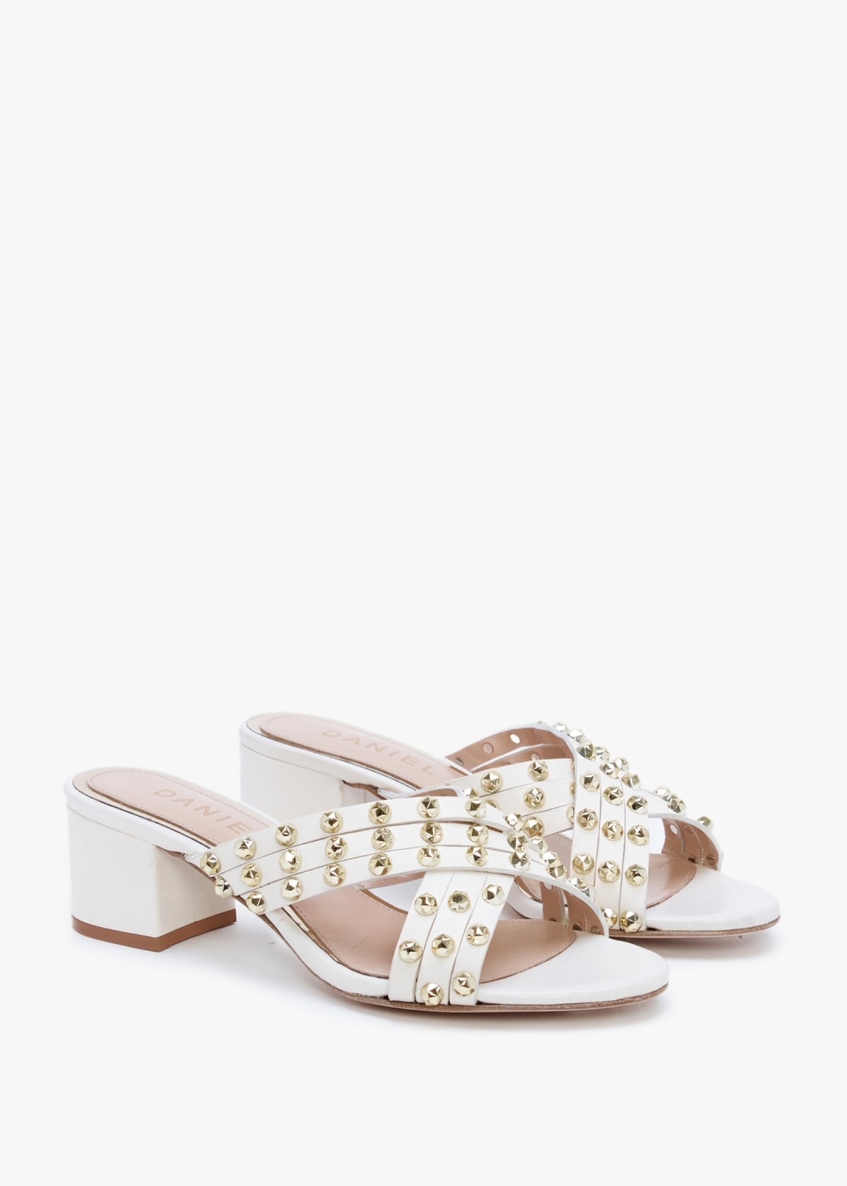 Popblock Beige Leather Studded Mid Heel Mules
