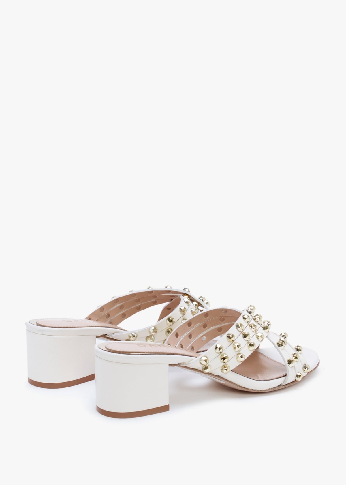 Popblock Beige Leather Studded Mid Heel Mules