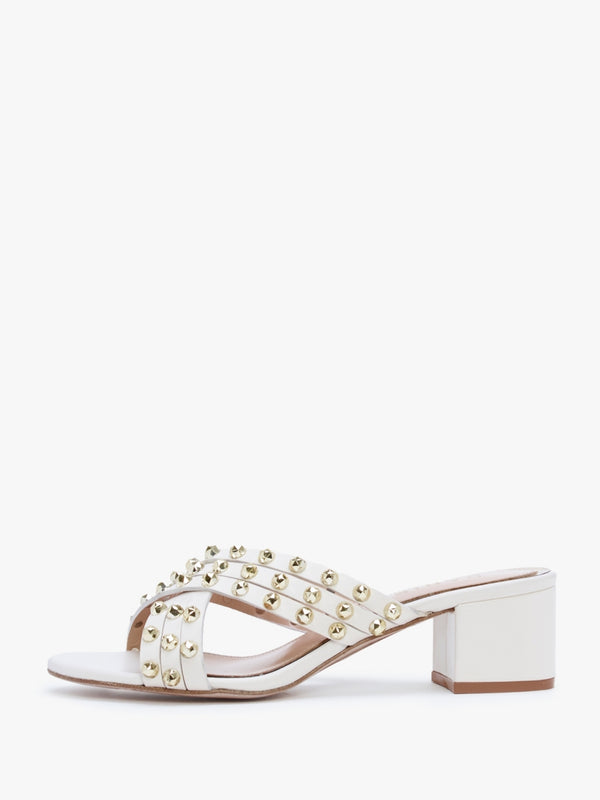 Popblock Beige Leather Studded Mid Heel Mules