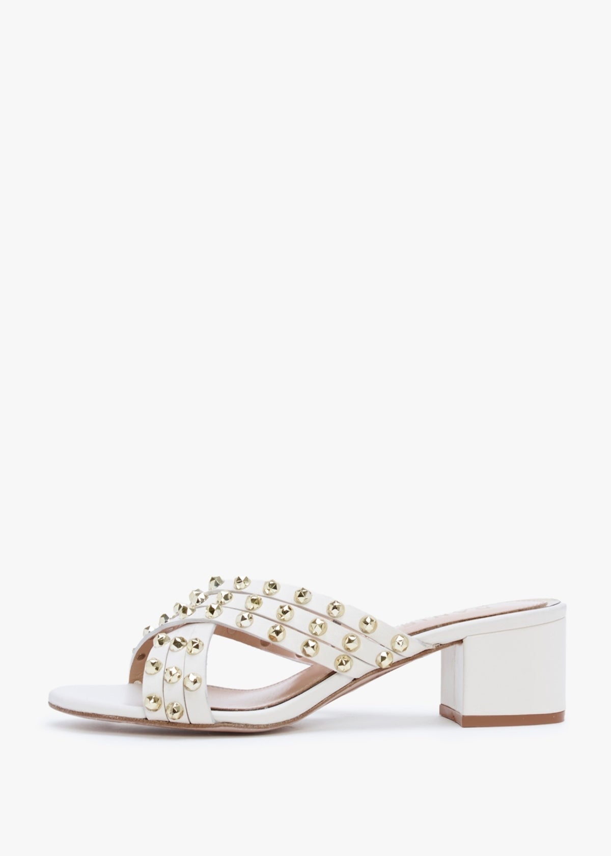 Popblock Beige Leather Studded Mid Heel Mules