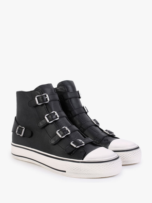 Virgin Black Leather Buckled High Top Trainers
