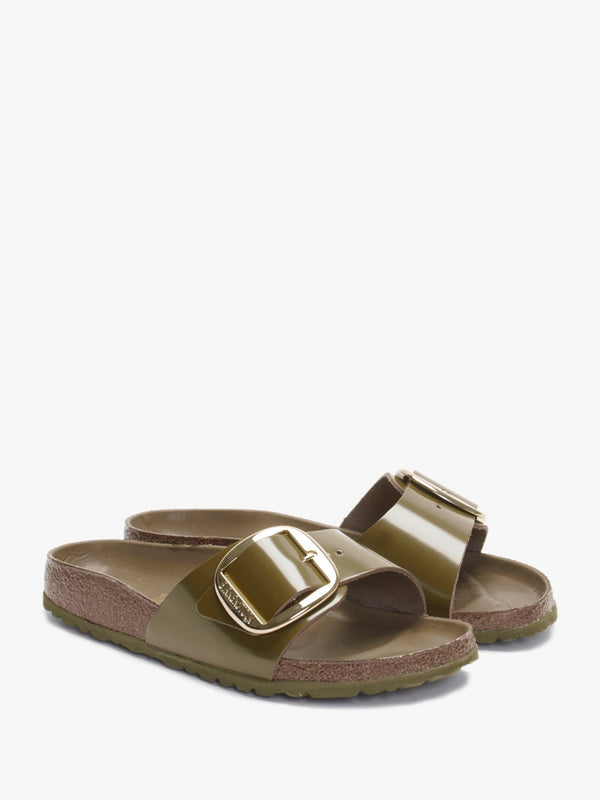 Madrid Big Buckle High Shine Mud Green Leather Mules
