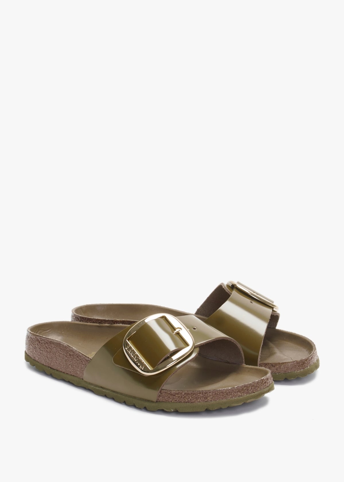 Madrid Big Buckle High Shine Mud Green Leather Mules