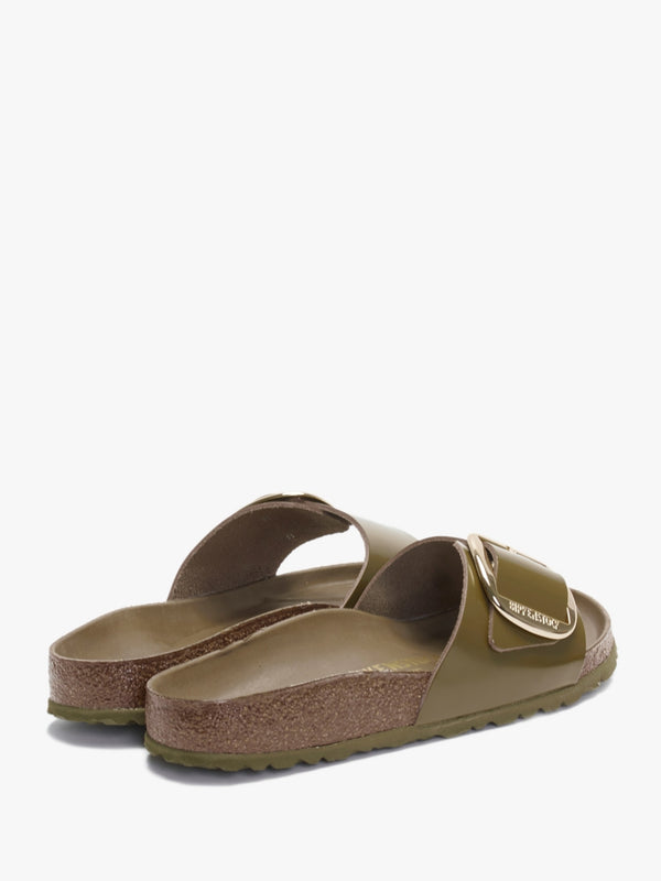 Madrid Big Buckle High Shine Mud Green Leather Mules