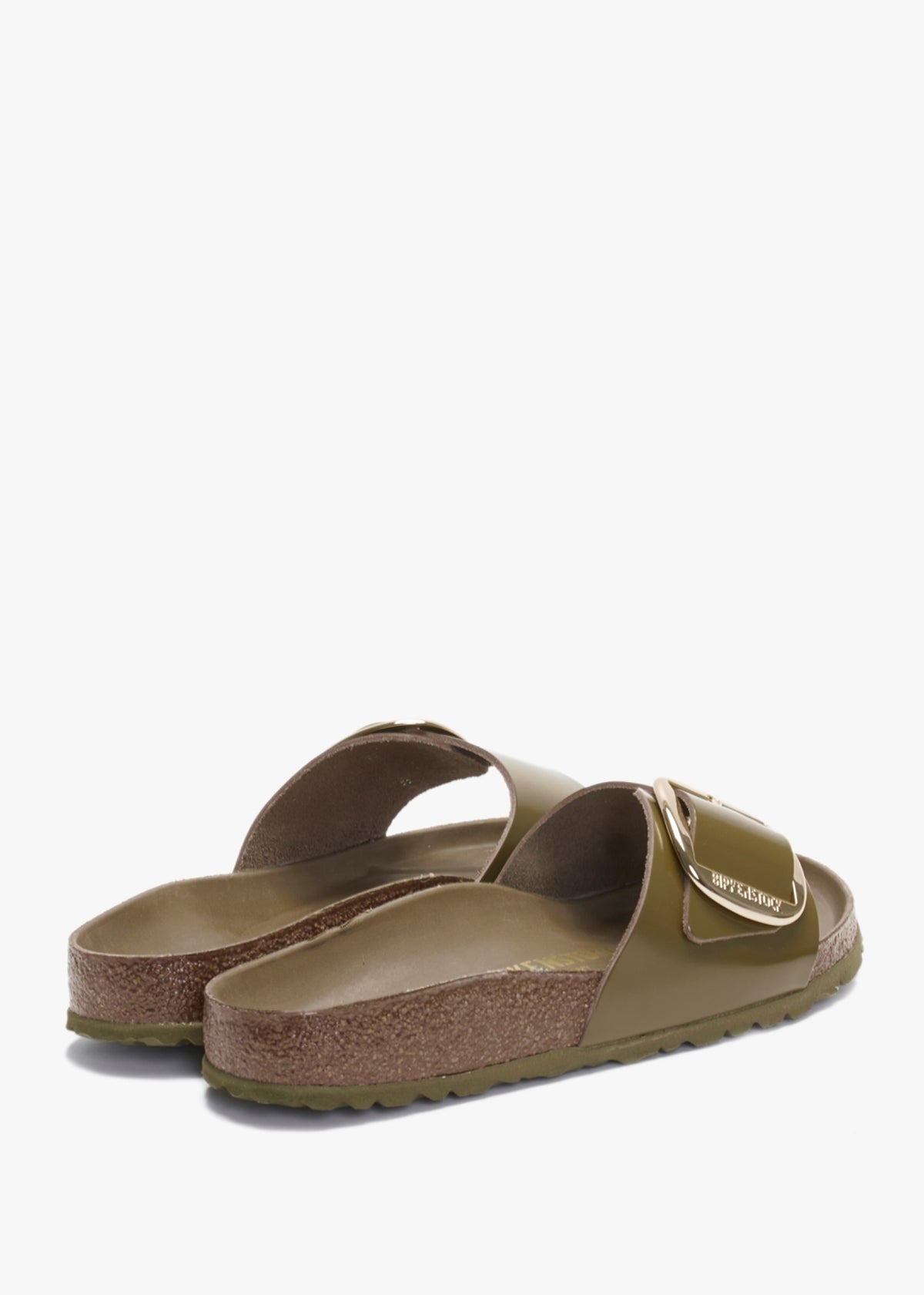 Madrid Big Buckle High Shine Mud Green Leather Mules