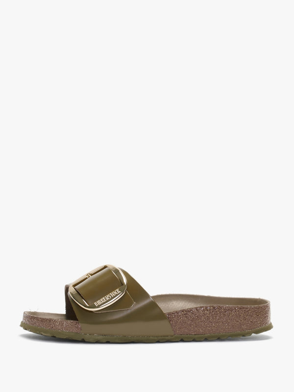 Madrid Big Buckle High Shine Mud Green Leather Mules