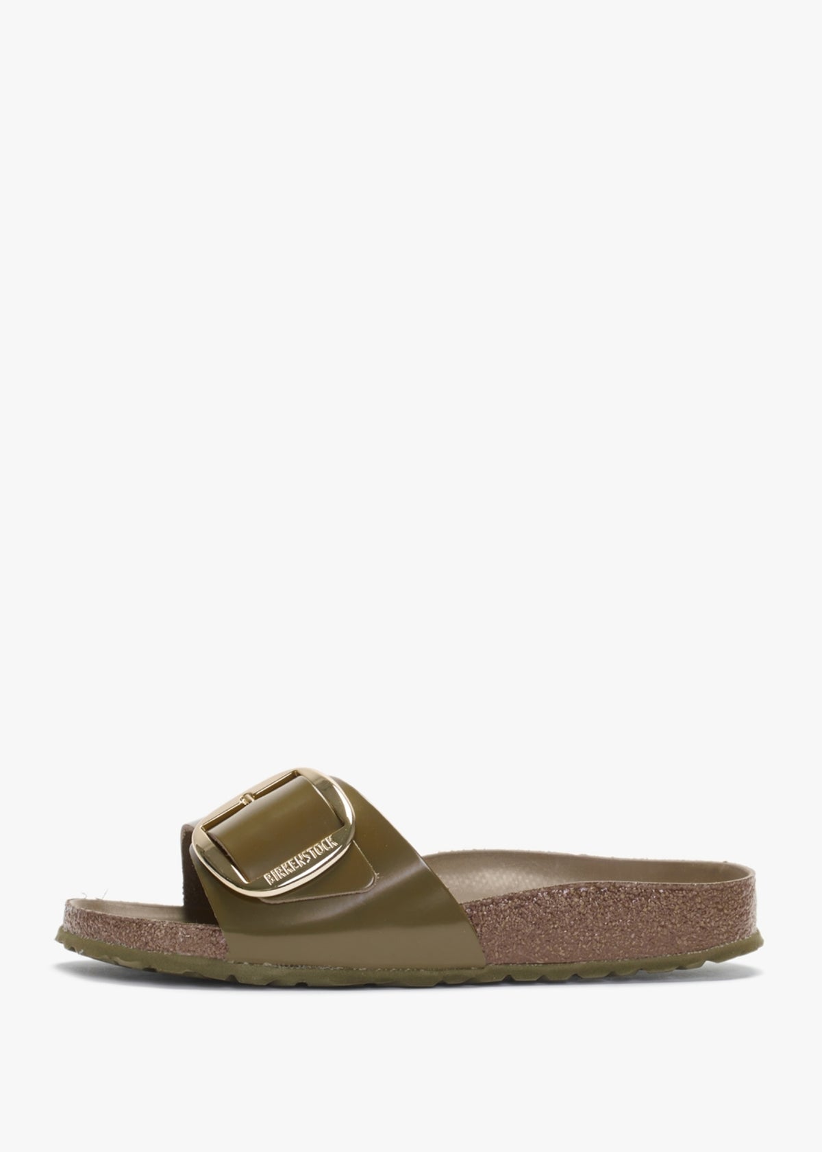 Madrid Big Buckle High Shine Mud Green Leather Mules