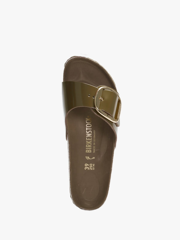 Madrid Big Buckle High Shine Mud Green Leather Mules