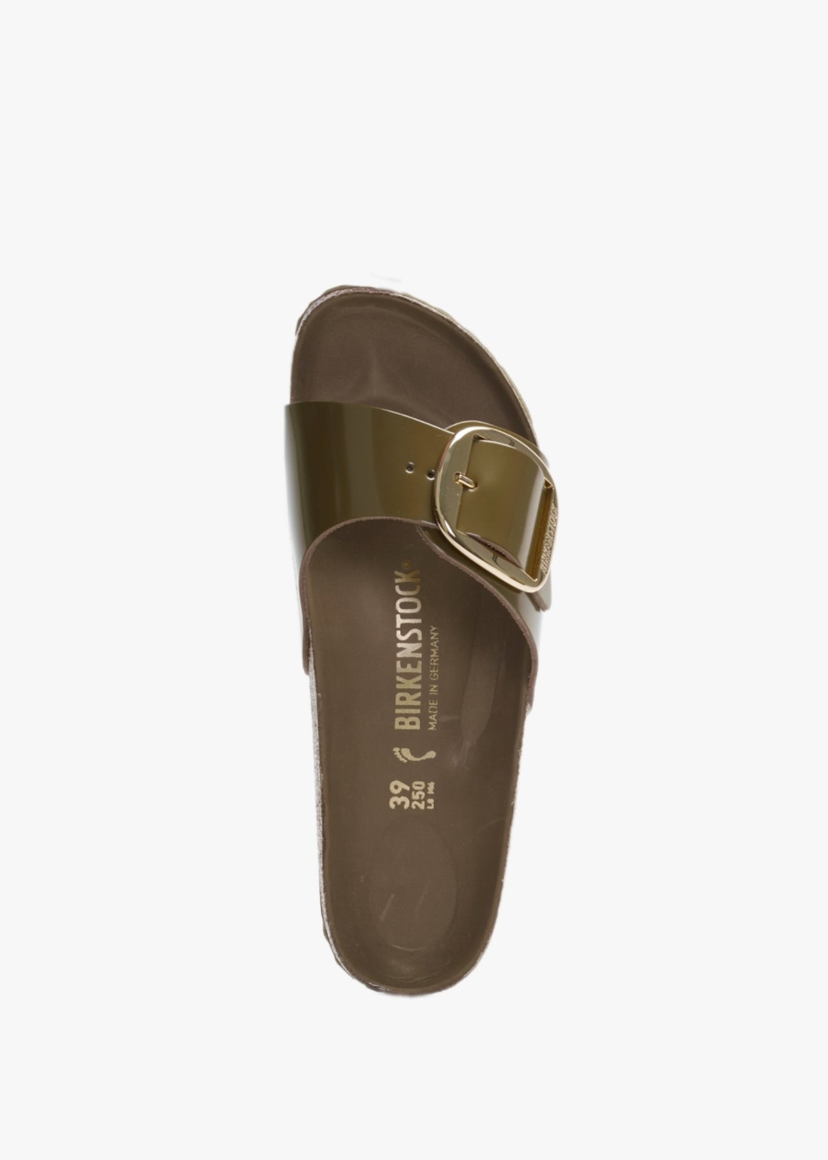 Madrid Big Buckle High Shine Mud Green Leather Mules
