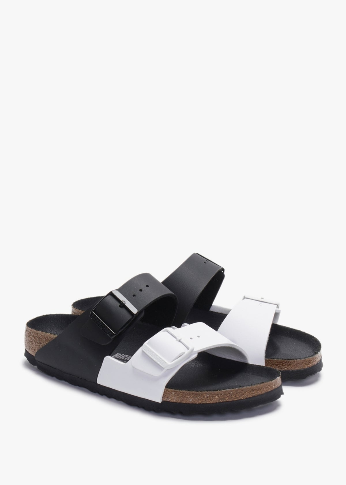 Arizona Split Birko-Flor Black & White Two Bar Mules