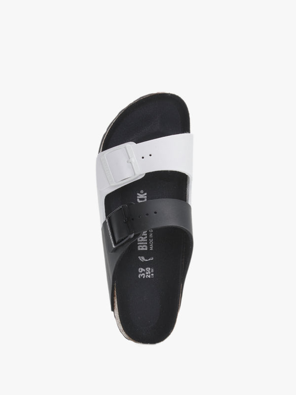 Arizona Split Birko-Flor Black & White Two Bar Mules