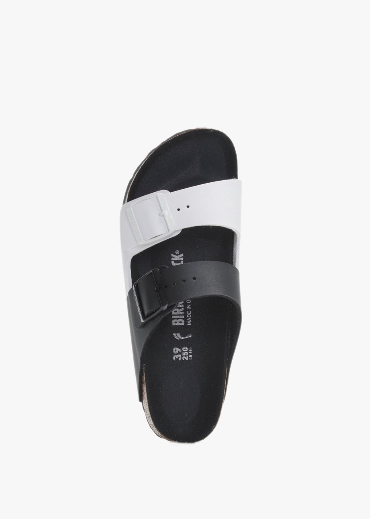 Arizona Split Birko-Flor Black & White Two Bar Mules