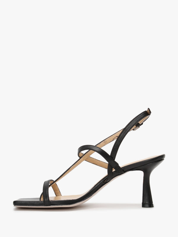 Barely Black Leather Square Toe Post Heeled Sandals