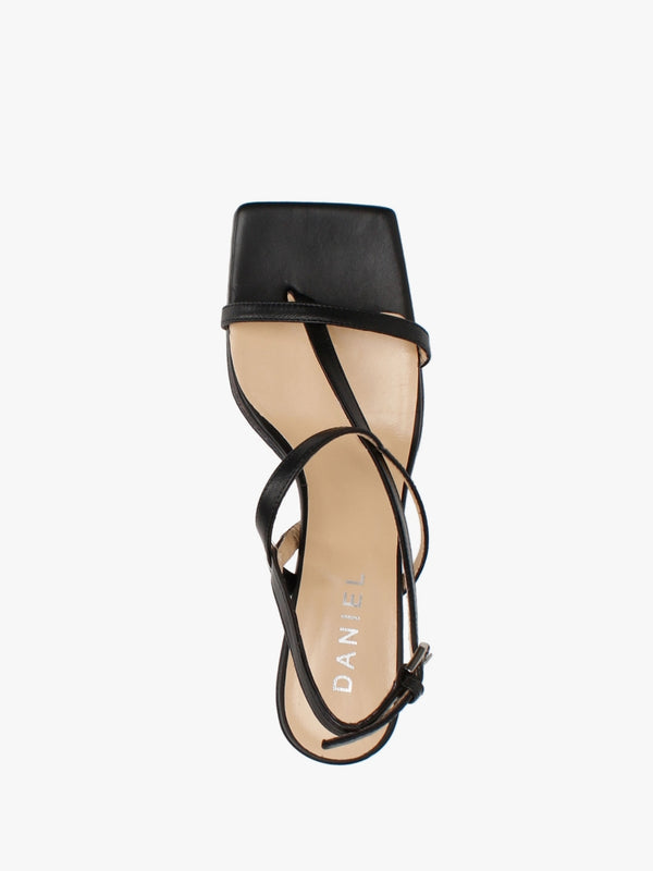 Barely Black Leather Square Toe Post Heeled Sandals