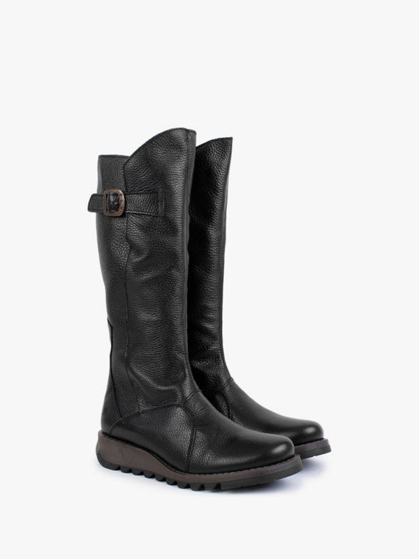 Mol Black Pebbled Leather Low Wedge Knee Boots
