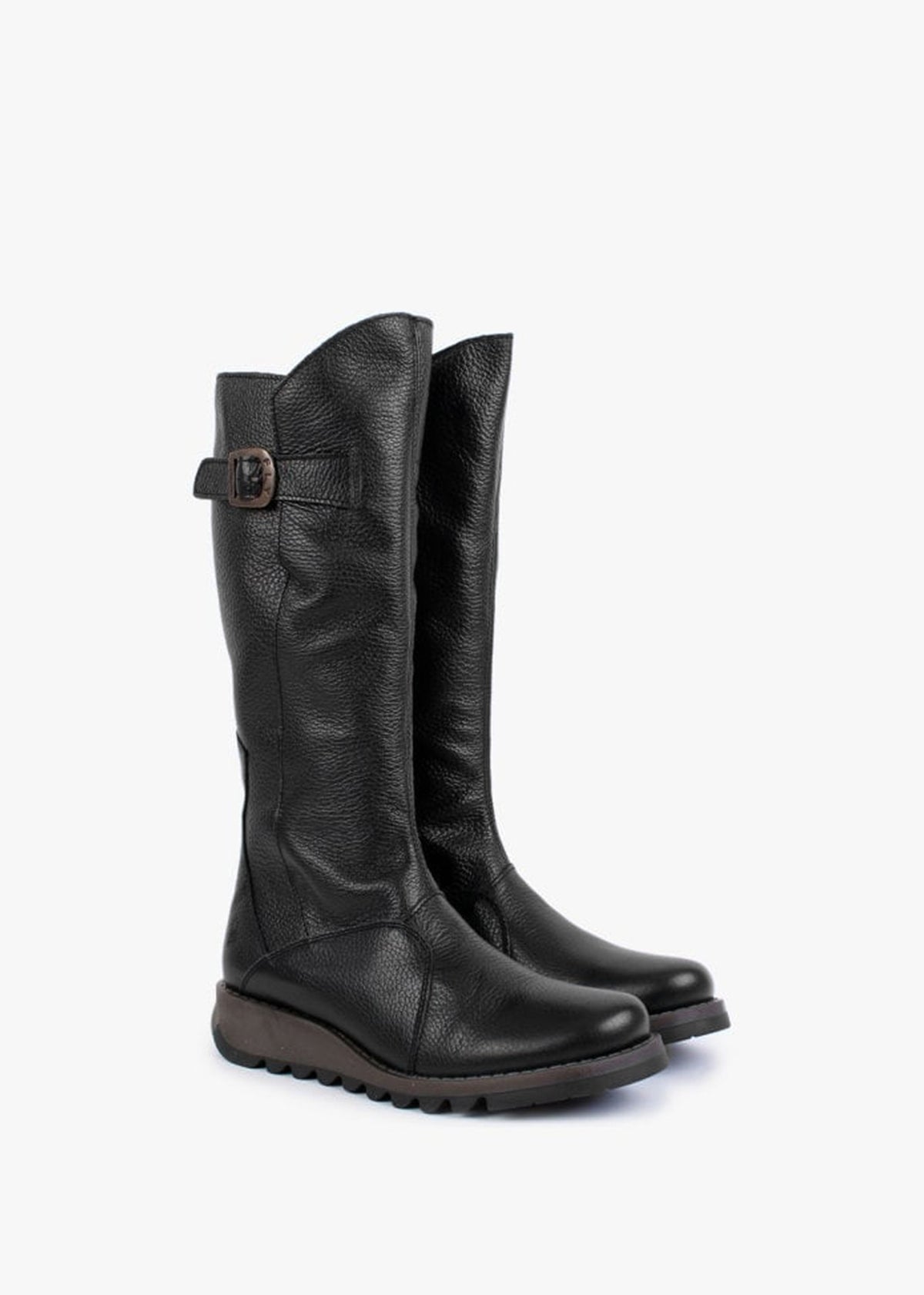 Mol Black Pebbled Leather Low Wedge Knee Boots