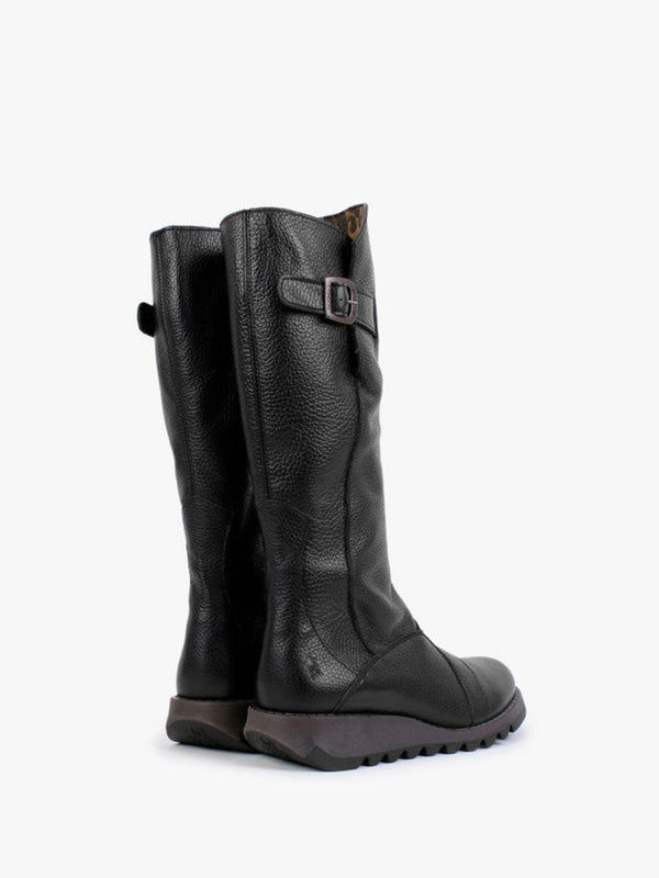 Mol Black Pebbled Leather Low Wedge Knee Boots