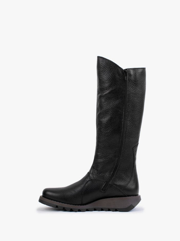 Mol Black Pebbled Leather Low Wedge Knee Boots