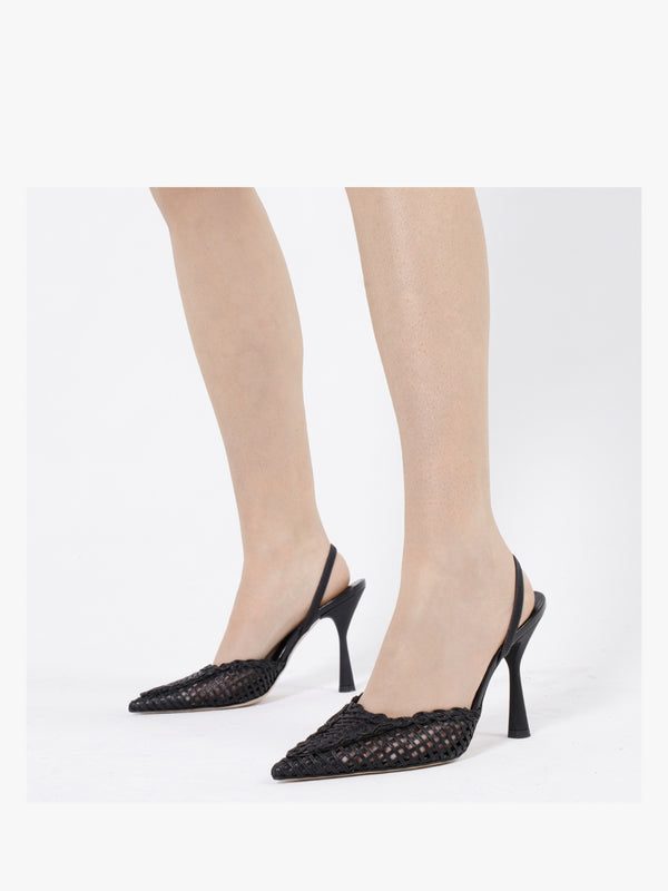 Tiffi Black Leather Woven Sling Back Court Shoes