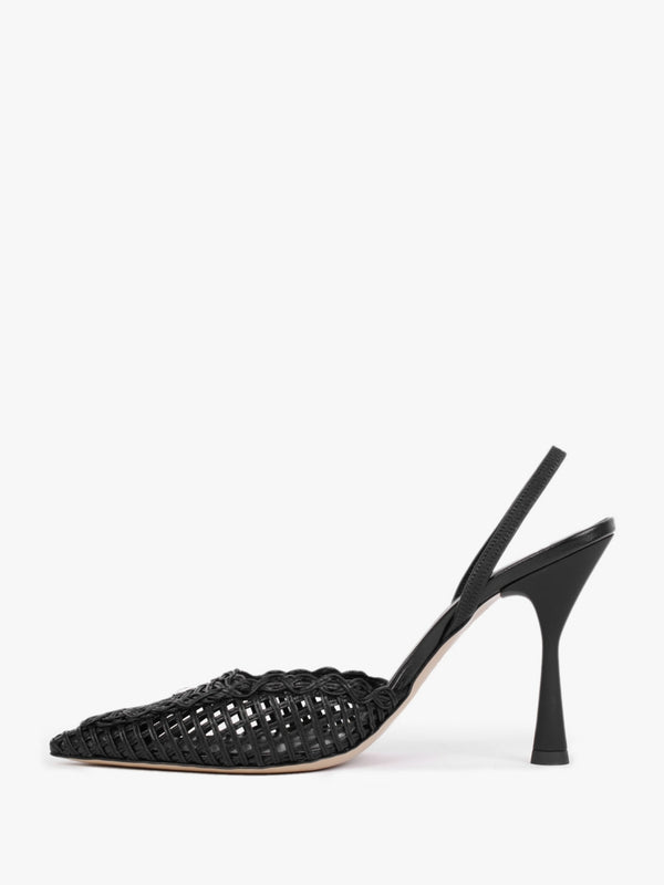 Tiffi Black Leather Woven Sling Back Court Shoes
