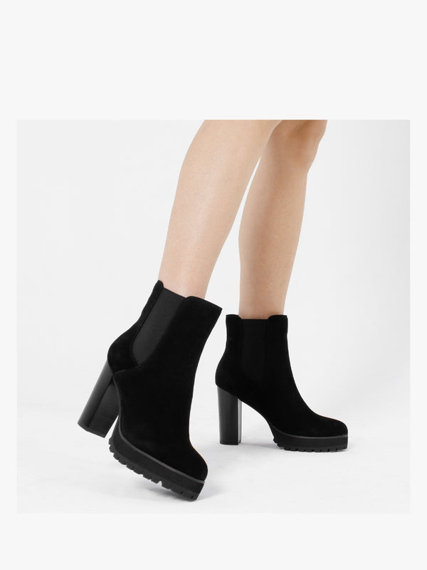 Slock Black Suede Block Heel Chelsea Boots