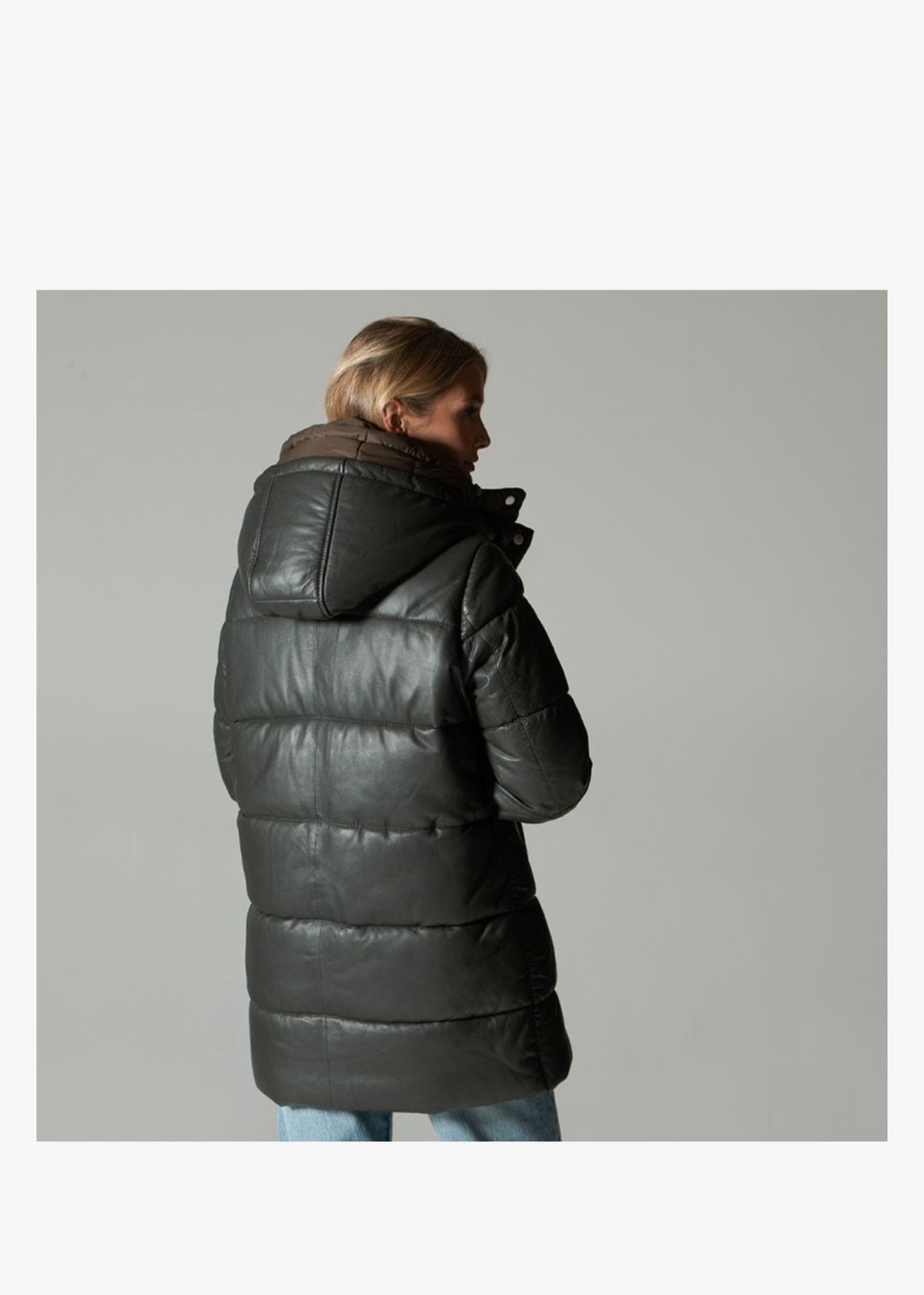 Fancy Khaki Leather Padded Coat
