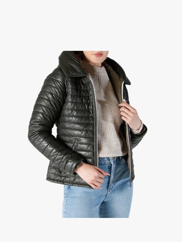 Hyper Quilted Khaki Leather Jacket