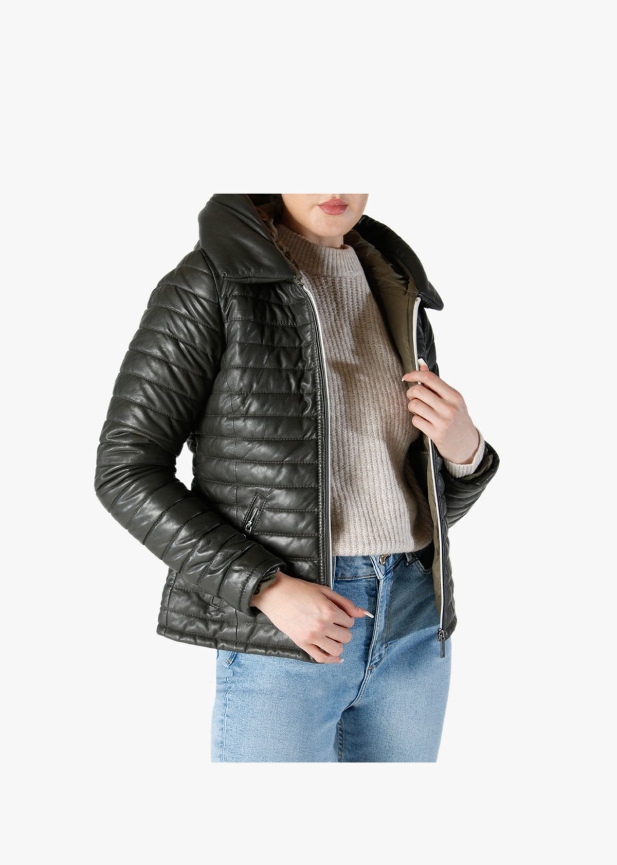 Hyper Quilted Khaki Leather Jacket