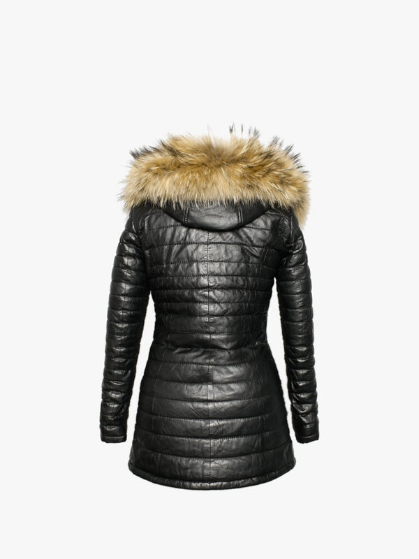 Poppy Black Quilted Leather Fur Hooded Coat