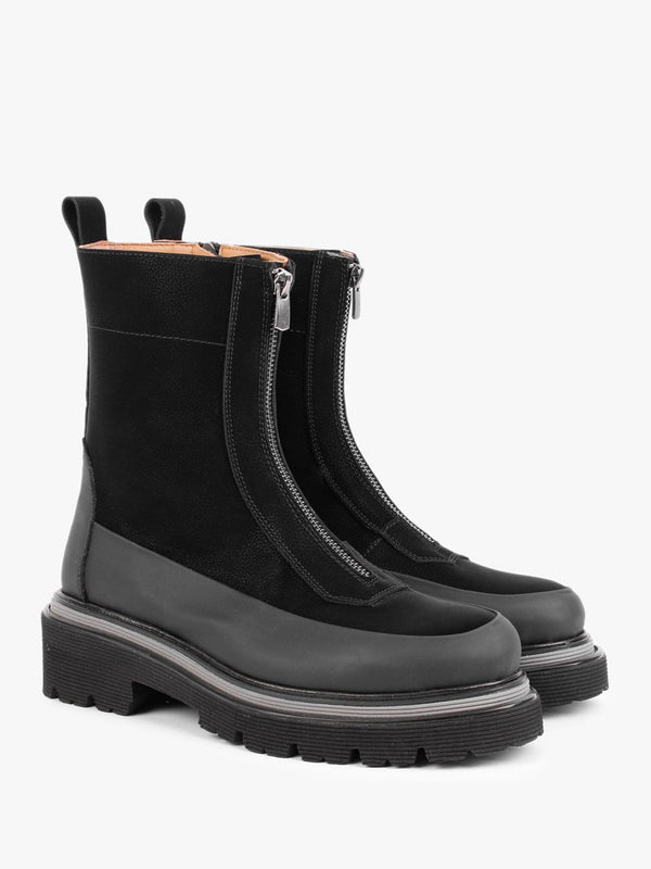 Rippy Black Leather Front Zip Ankle Boots