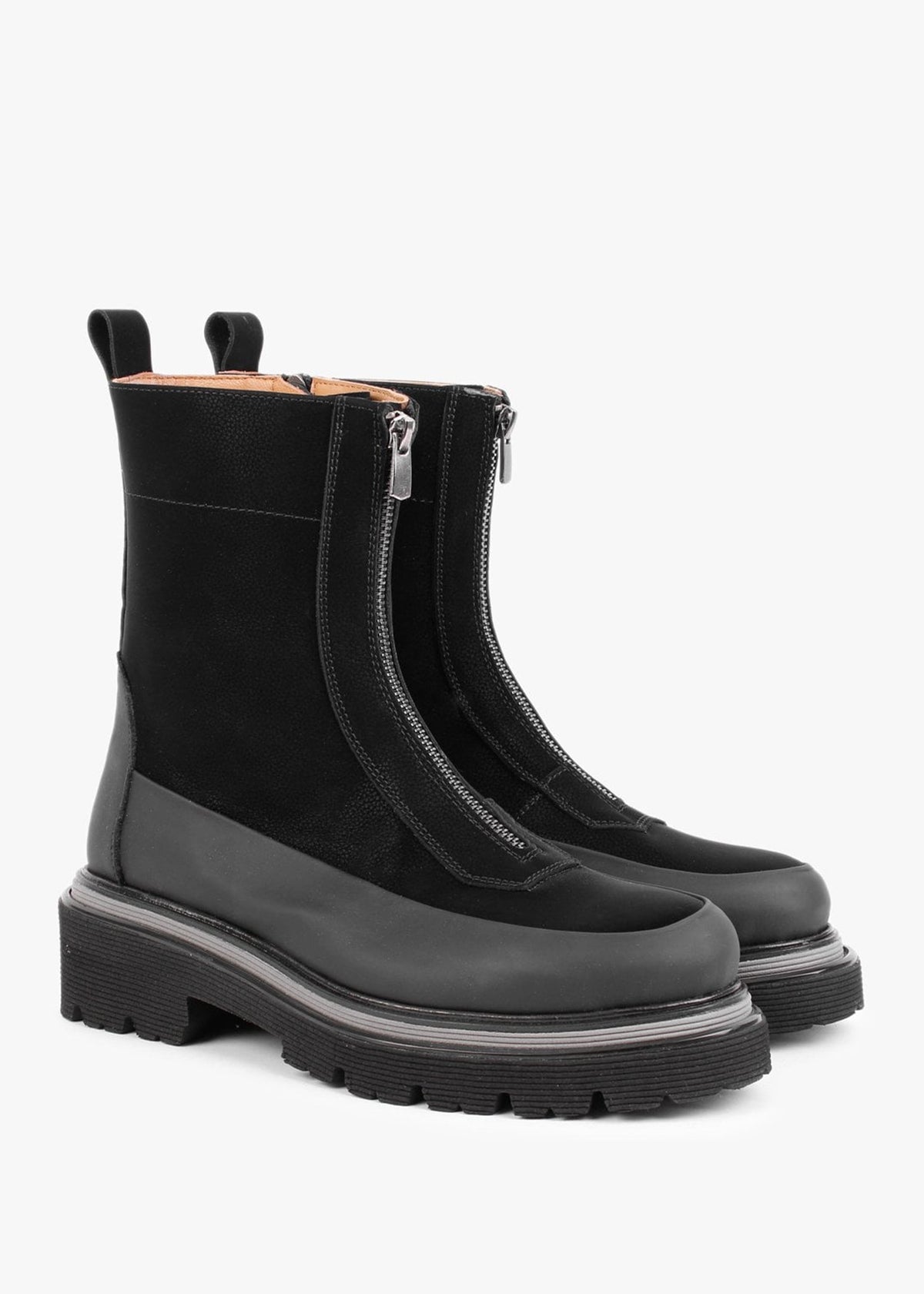 Rippy Black Leather Front Zip Ankle Boots