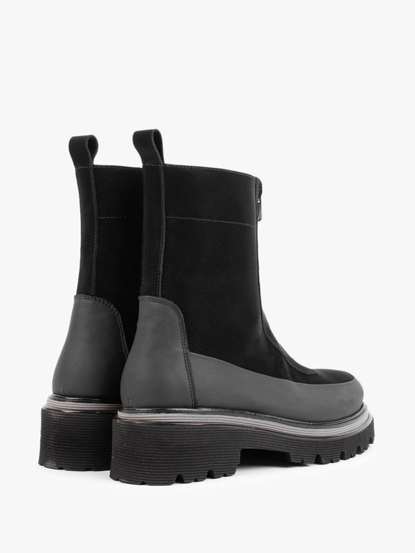 Rippy Black Leather Front Zip Ankle Boots